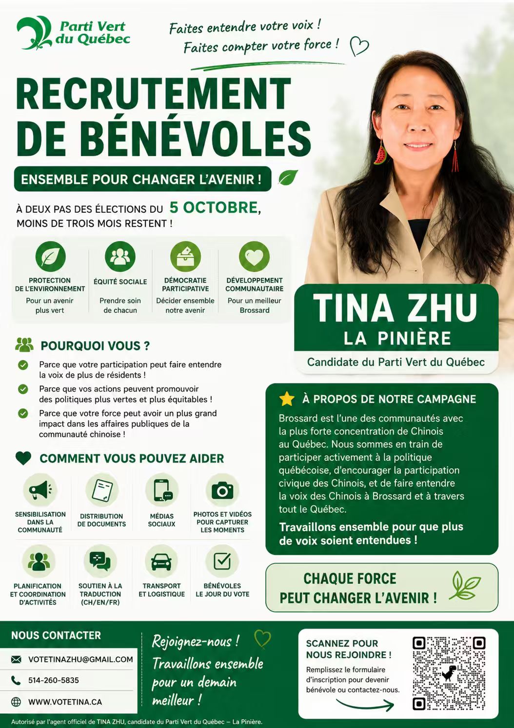 Tina Zhu - Candidate Parti Vert du Québec